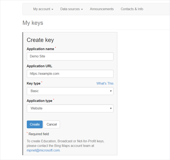 Create Bing Map API key to Embed in WordPress