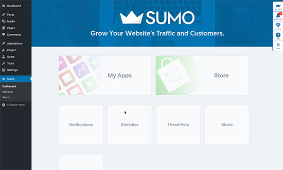 Sumo panel in WordPress dashboard