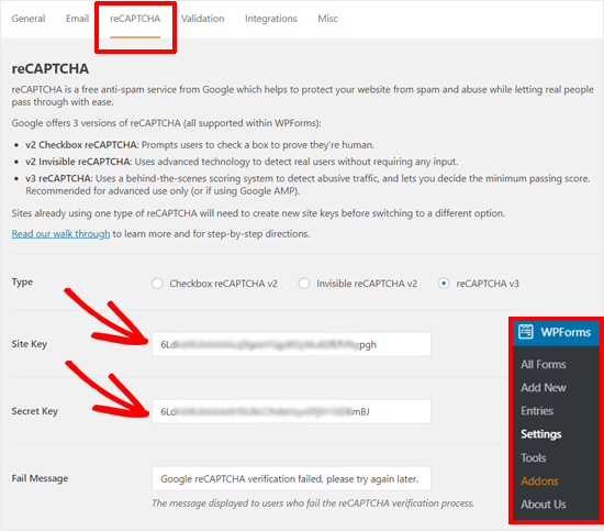 WPForms reCAPTCHA Settings WordPress