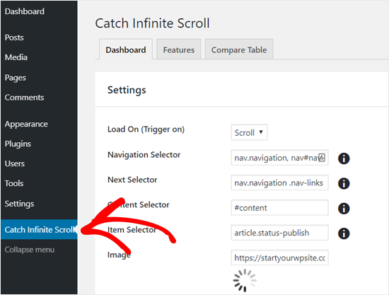 Catch Infinite Scroll Settings 