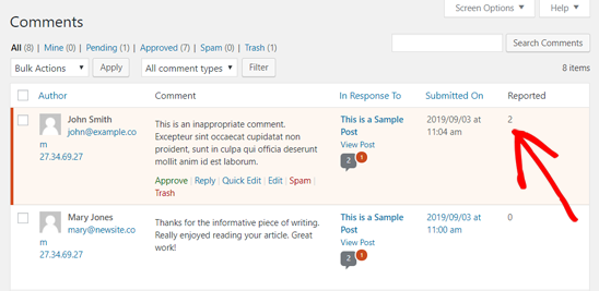Reported Comment for Moderation in WordPress