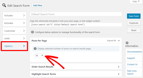 Define Search Results Per Page in Ivory Search Plugin