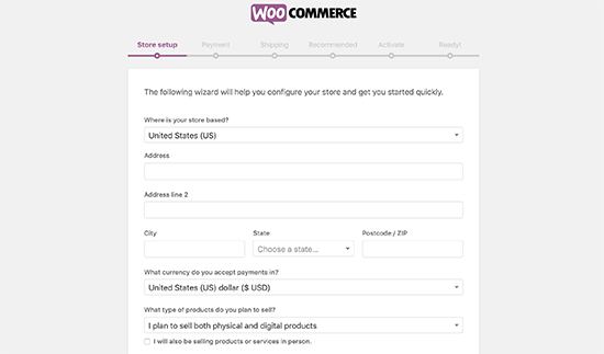 WooCommerce kurulum sihirbazı