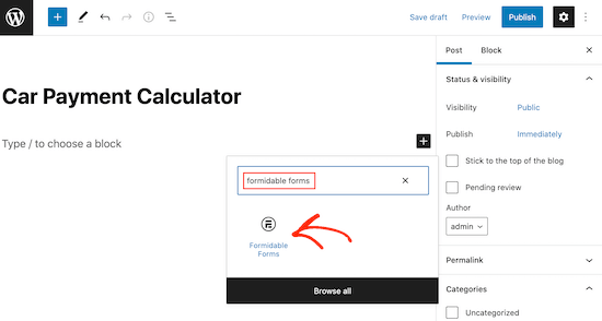 Adding the Formidable Forms block in WordPress