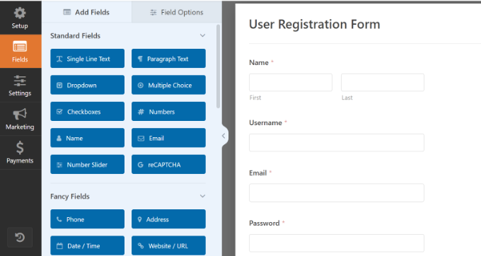 Edit user registration form