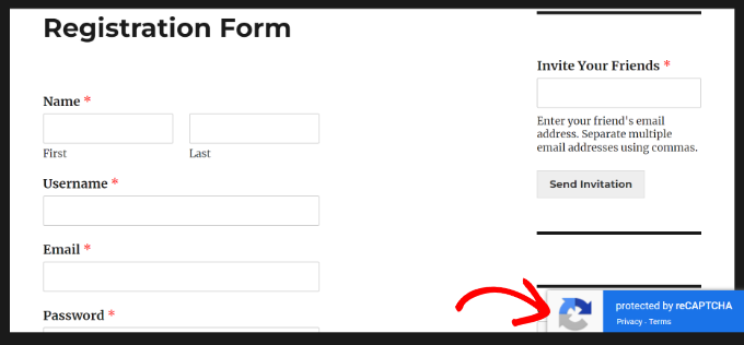Registration form with recaptcha