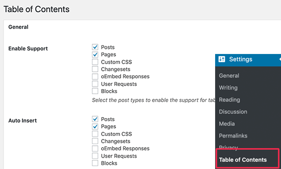 Easy Table of Contents plugin settings