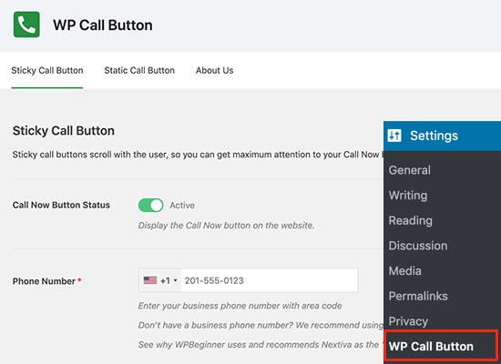 WP Call Button settings