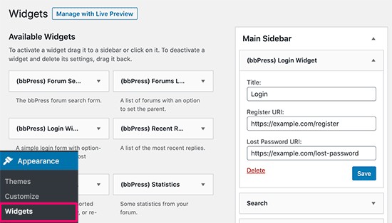 Login widget settings