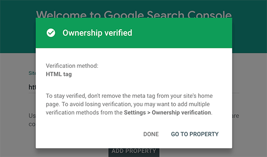 Il tuo sito web è stato aggiunto correttamente a Search Console