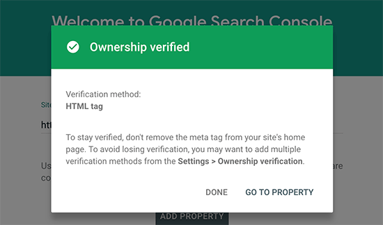 Seu site foi adicionado com êxito ao Search Console