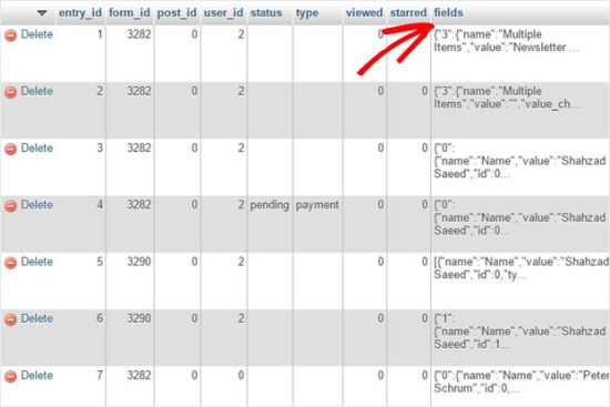 Contact Form Data Fields in WordPress Database phpMyAdmin View