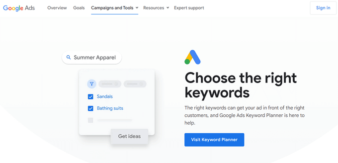 Enter a keyword into the Google Keyword Planner Google Ads Keyword Planner