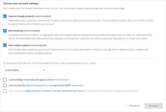 Scegli le impostazioni del tuo account Google Optimize