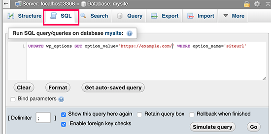 Running SQL in phpMyAdmin