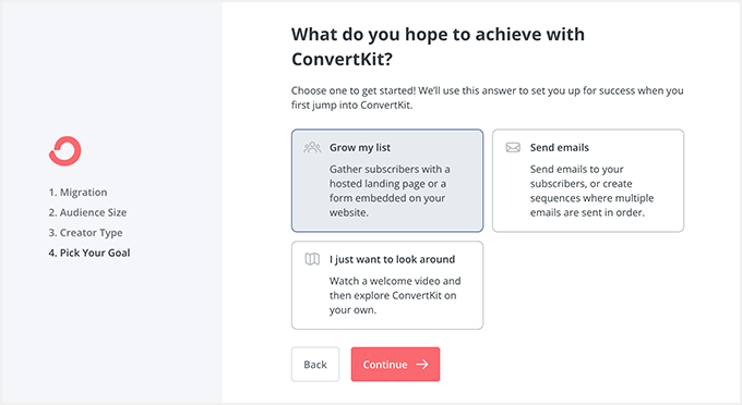 ConvertKit select a goal