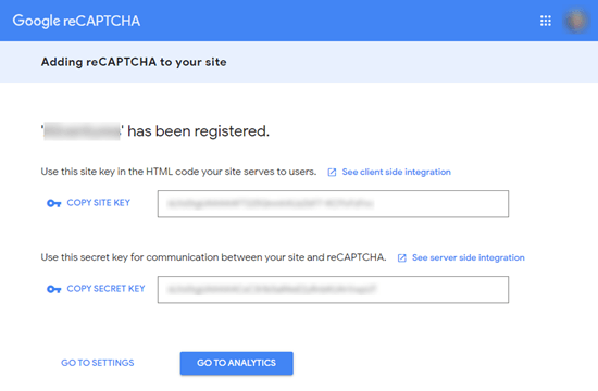 La chiave del tuo sito e la chiave segreta di Google reCAPTCHA