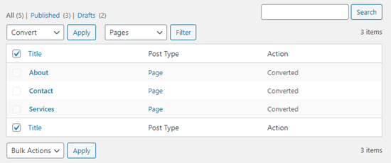 Le pagine sono state ora convertite nel nuovo formato di blocco