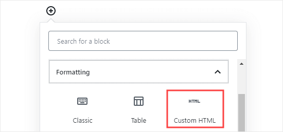 Aggiunta di un blocco HTML personalizzato al tuo post o pagina