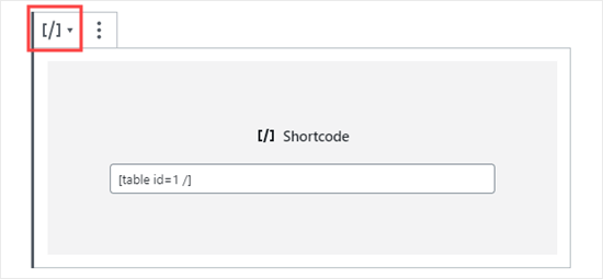 Adding the shortcode for your table in the block editor