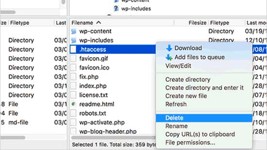Elimina il file .htaccess in WordPress