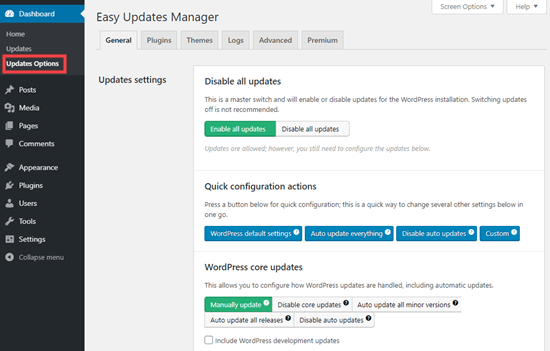 Configurazione delle impostazioni per il plug-in Easy Updates Manager