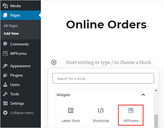 Adding your online order form to a page on your website