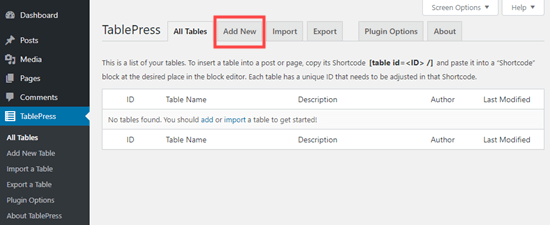 Adding a new table in TablePress