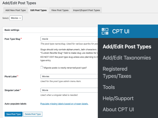 Editing post types with CPT UI plugin