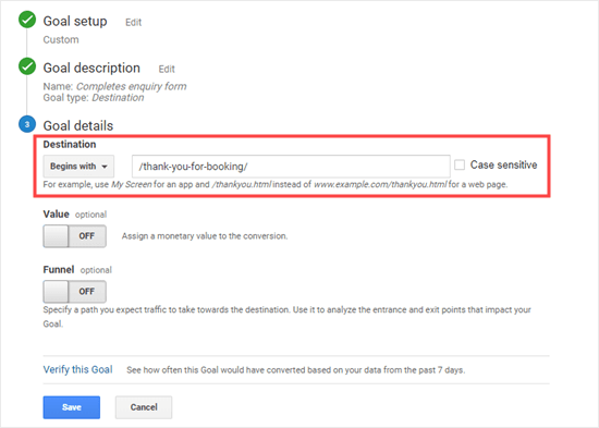 Google Analytics Goal Details Enter Destination