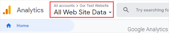 Verifica di aver selezionato il sito Web corretto in Google Analytics