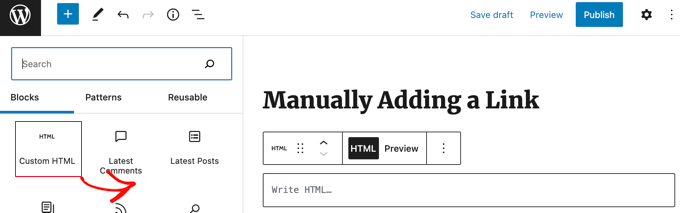 Add a custom HTML block to your post or page