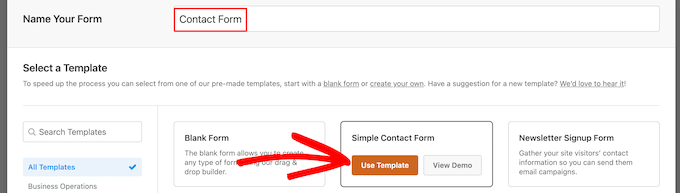 Choose WPForms form template