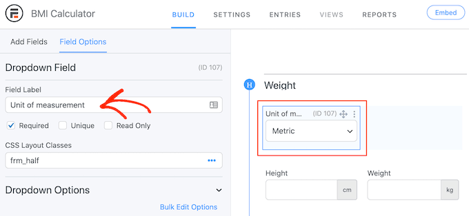 Changing the label in a BMI calculator form