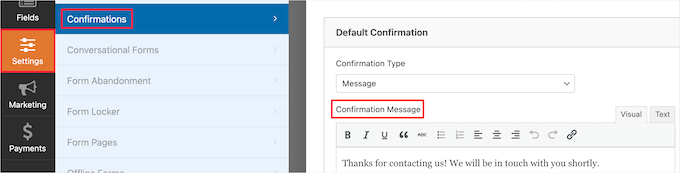 Go to form confirmation message