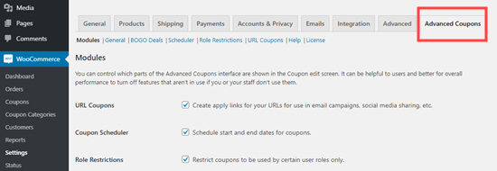 Woocoomerce Settings Advanced Coupons Tab