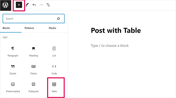 Include table block