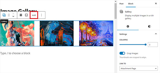 Añadir tres imágenes al bloque.