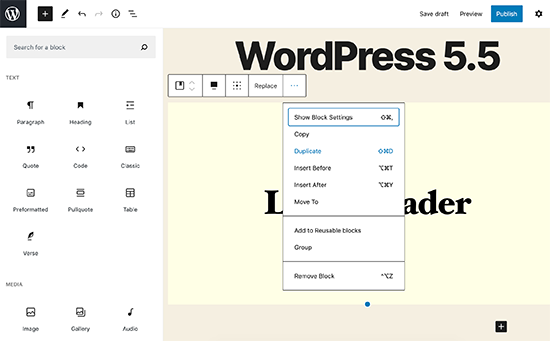 Modifiche all'interfaccia utente di Block Editor in WordPress 5.5