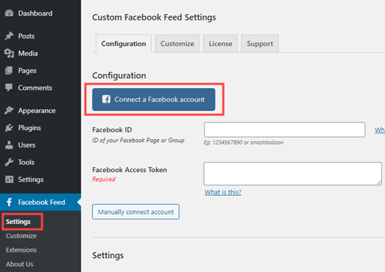 Custom Facebook Feed Connect Account