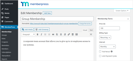 Memberpress Group Membership Monthly Recurring