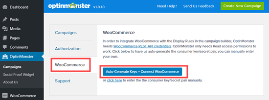 Genera automaticamente le chiavi WooCommerce per connettere OptinMonster e il tuo negozio WooCommerce