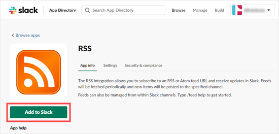 Aggiunta dell'app RSS allo spazio di lavoro di Slack