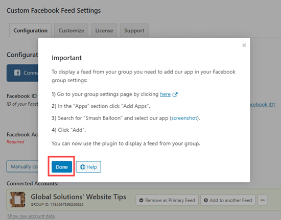 Cliquez sur le bouton Terminé dans la fenêtre contextuelle pour continuer à configurer votre flux de groupe Facebook