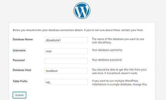 Inserisci le informazioni del tuo database WordPress