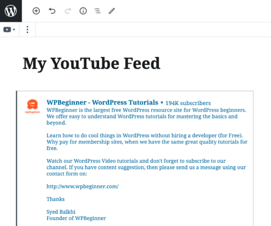 Feed di YouTube incorporato