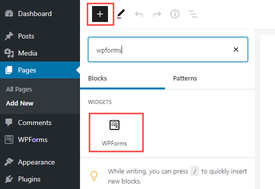 Добавьте блок WPForms на свою страницу в WordPress