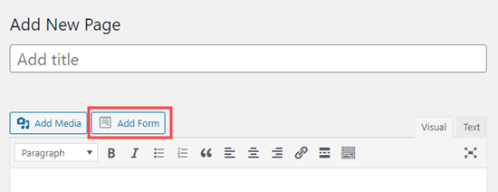 Adding a form to the page using the classic WordPress editor