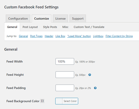 The Customize options for the Custom Facebook Feed plugin