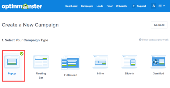 Select the campaign type for your optin: we recommend using the Popup campaign type